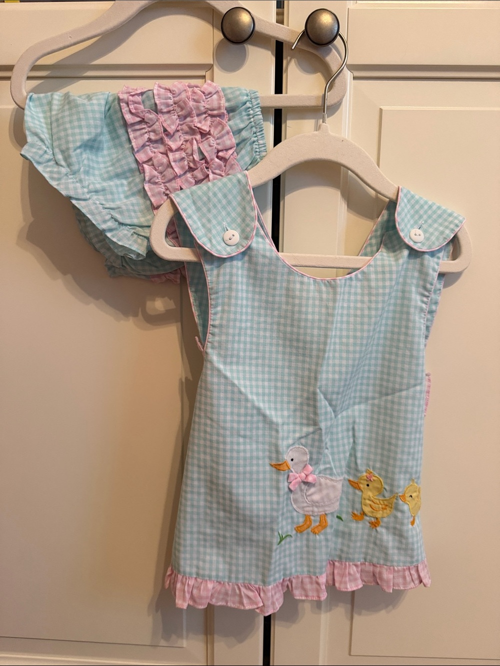 Toddler Duck Appliqué Gingham Tunic and Bloomers - Pink & Light Blue